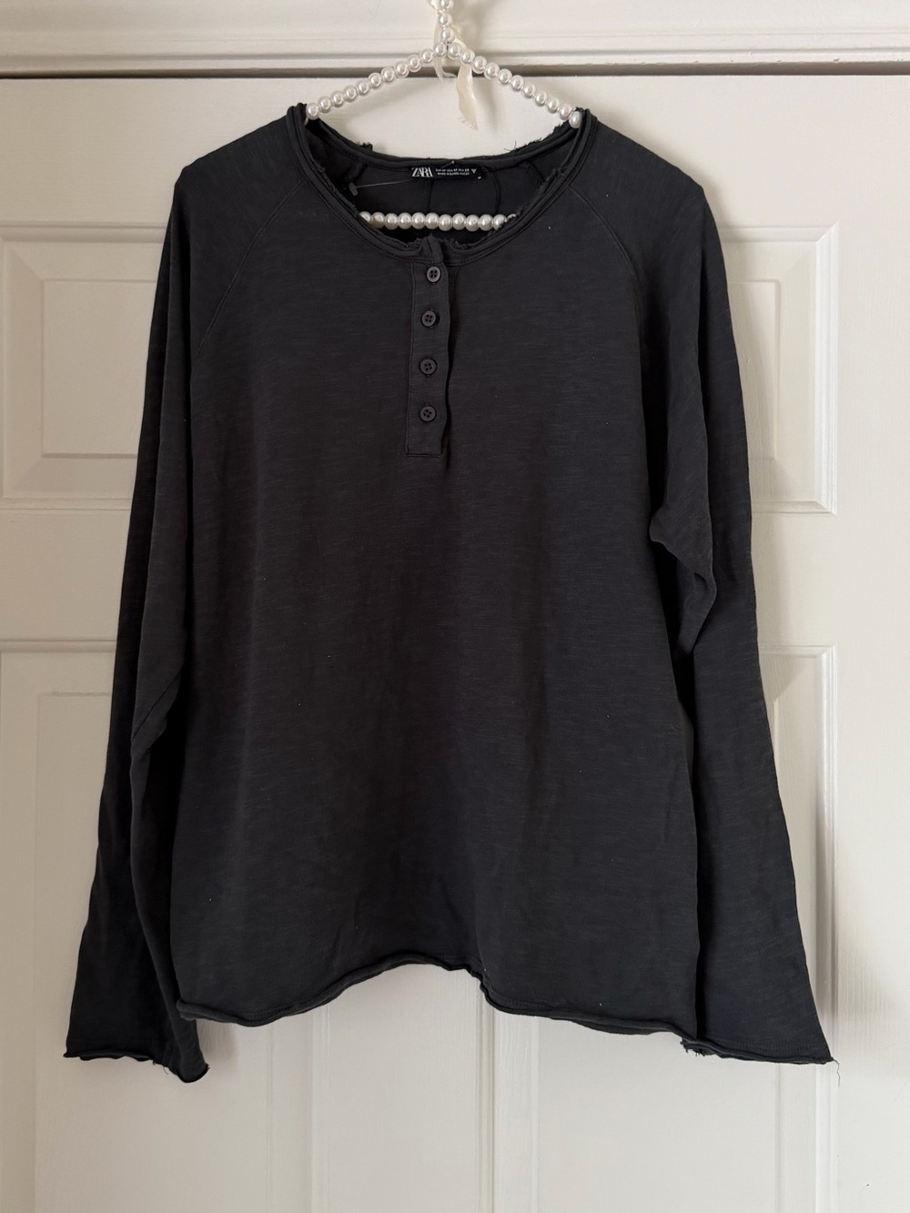 Zara Charcoal Distressed Long Sleeve Quarter Button Down Top